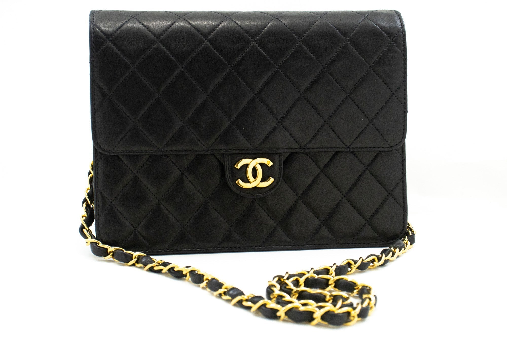 CHANEL Small Chain Shoulder Bag Clutch Black Quilted Flap Lambskin