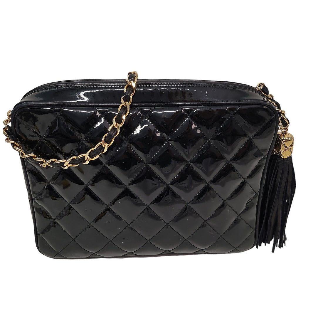 Chanel 90s Quilted Patent Timeless Camera Tassel Crossbody