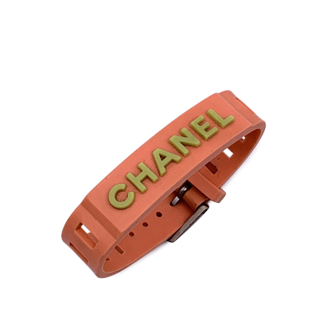 CHANEL Vintage Orange And Green Rubber Logo Belt Bracelet