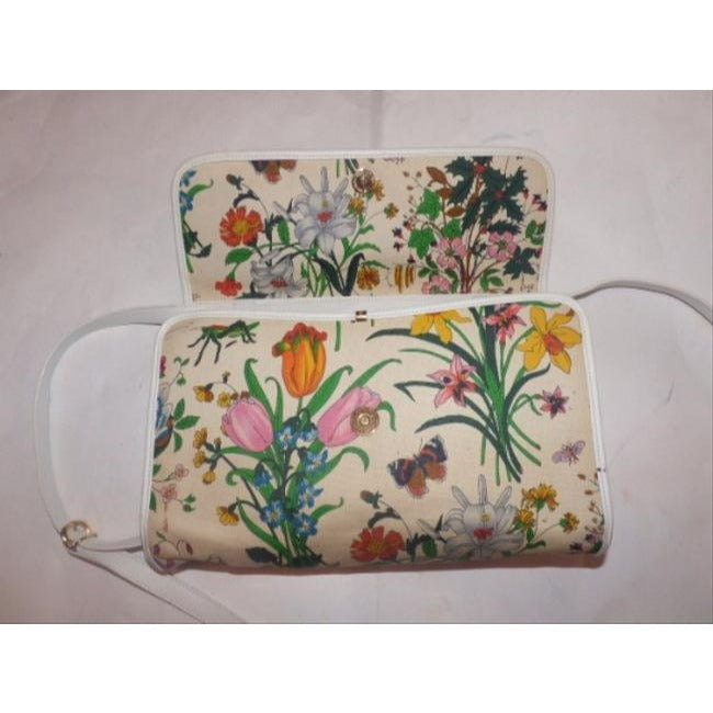 Gucci Vintage Two Way Multicolored Floral Print Canvas And White Leather Cross Body