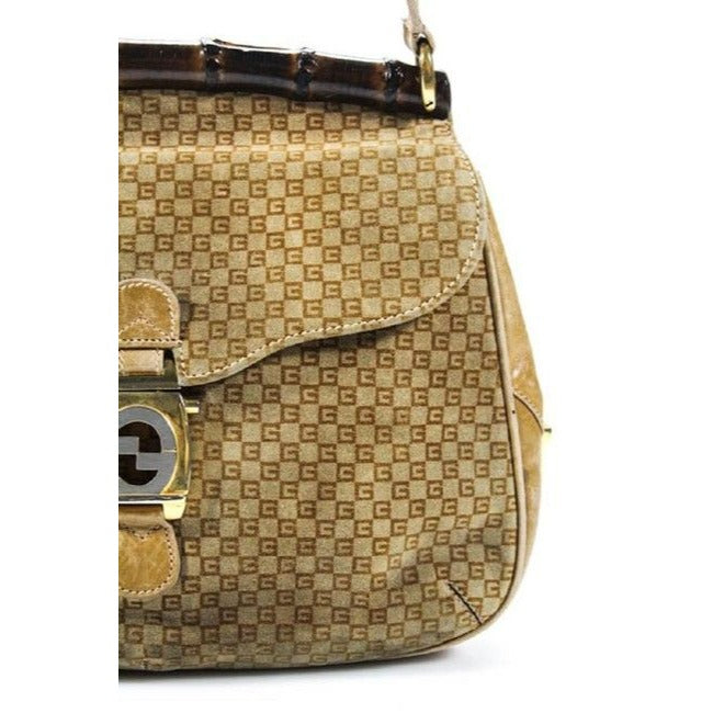 Gucci Jackie Micro Square Guccissima Print Suede Bamboo Top Handle Brown Shoulder Bag