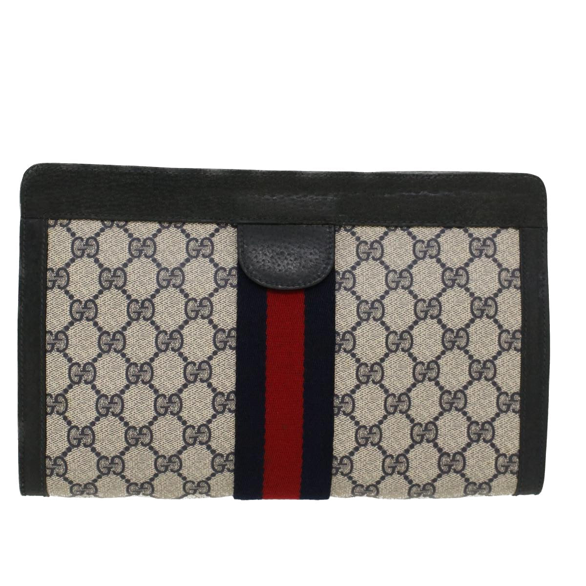 GUCCI GG Canvas Sherry Line Clutch Bag Gray Red Navy 89.01.002  45958