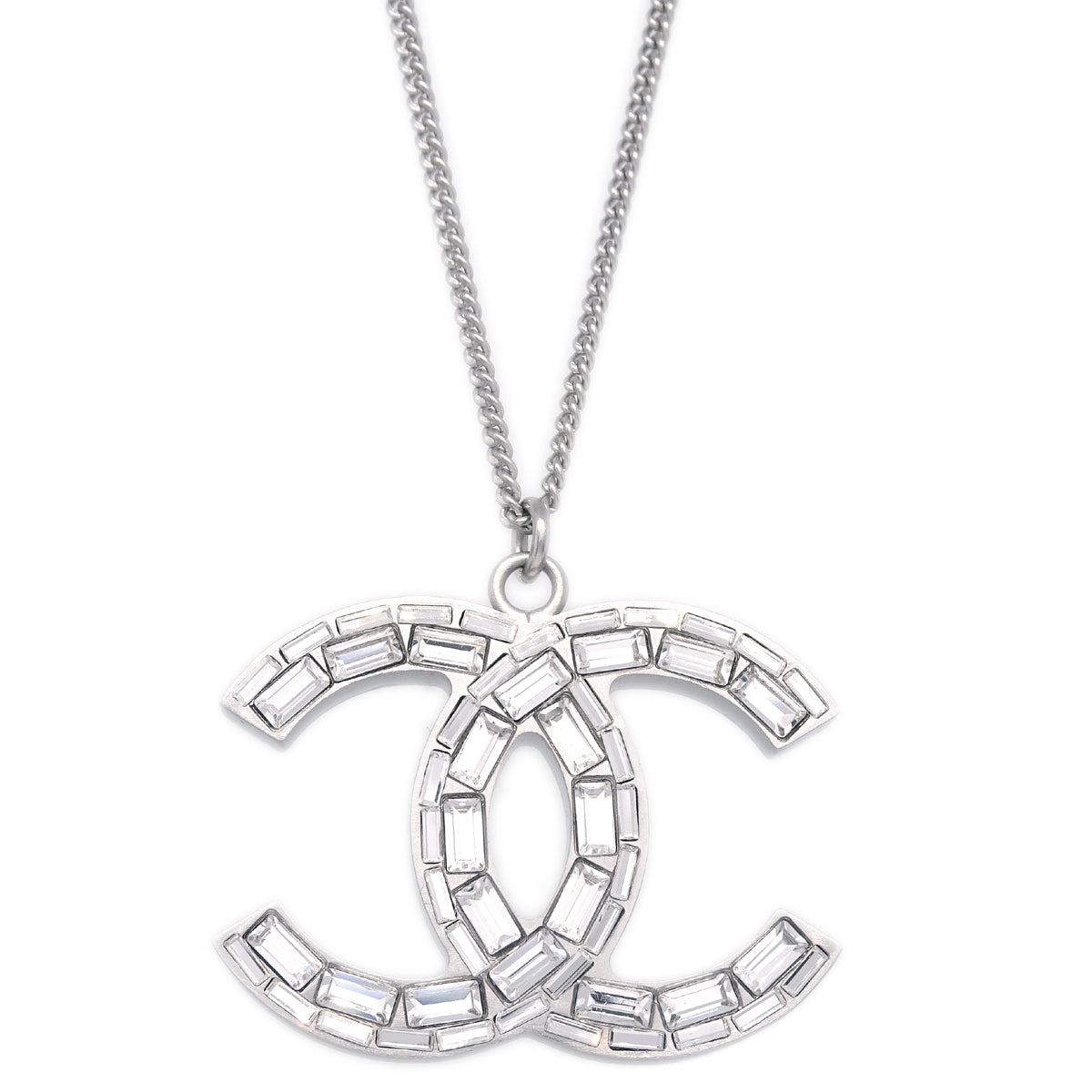 Chanel Silver Necklace Pendant Rhinestone B11P