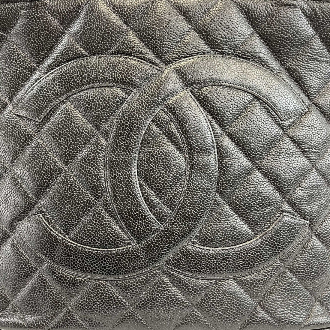 CHANEL CC Medallion Black Diamond Quilted Caviar Leather Tote / Shoulder Bag