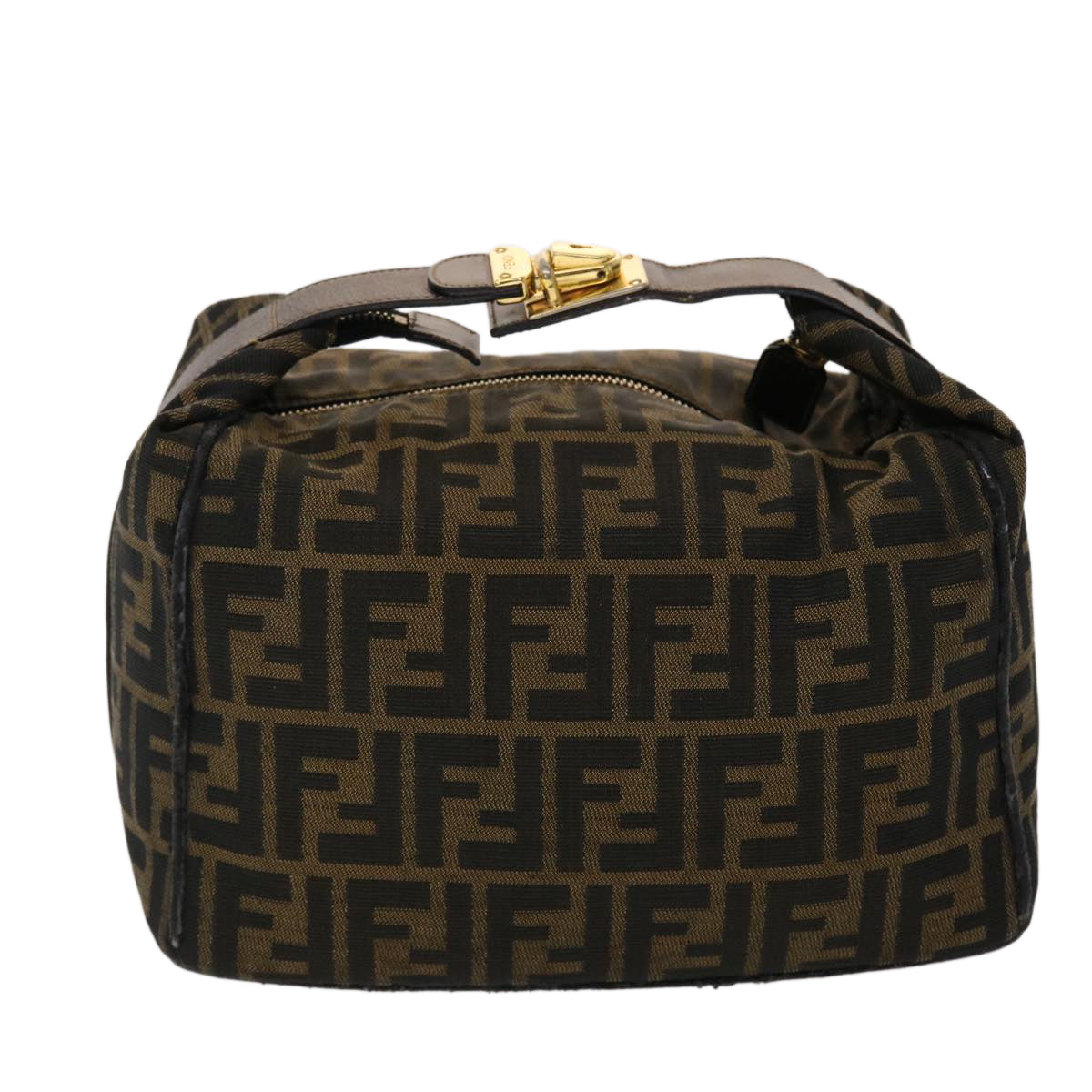 FENDI Zucca Canvas Hand Bag Leather Black Brown Auth 48281