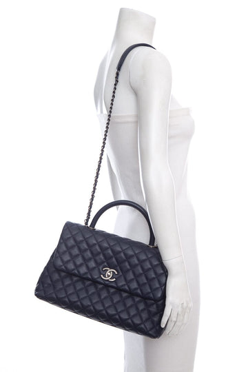 2016 Chanel Coco Top-Handle Navy Quilted Caviar Leather Handbag