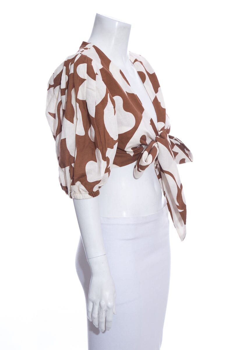 Rhode Ivory & Brown Printed Puff Sleeve Cropped Blouse SZ S