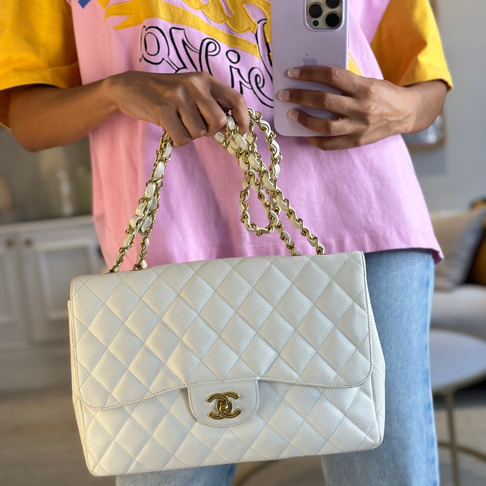 Chanel Vintage White Jumbo Classic Single Flap Bag in Caviar Leather with 24K Gold Hardware RRP £9,240
