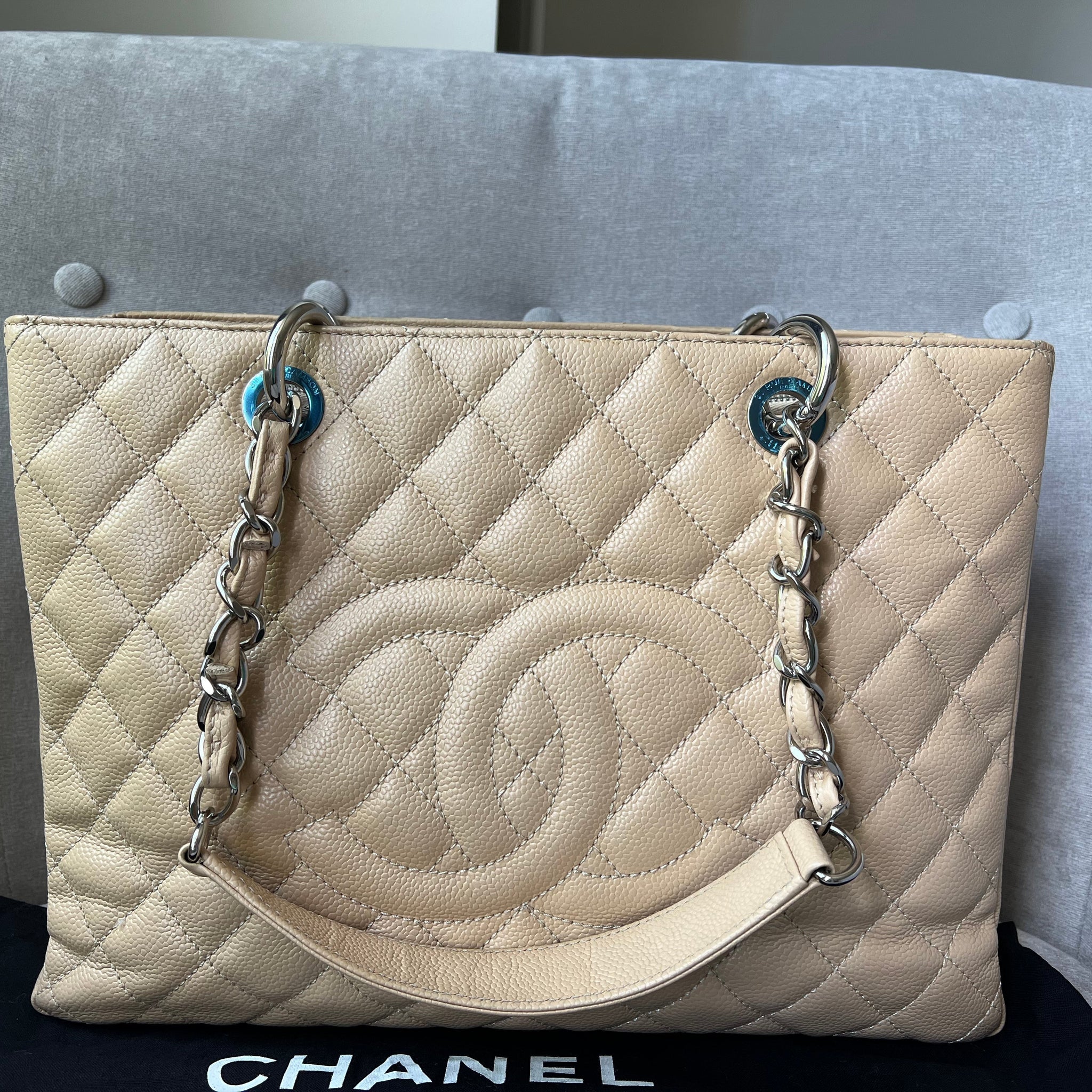 Chanel Light Beige Caviar Grand Shopper Tote with silver hardware (GST)