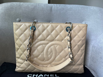 Chanel Light Beige Caviar Grand Shopper Tote with silver hardware (GST)