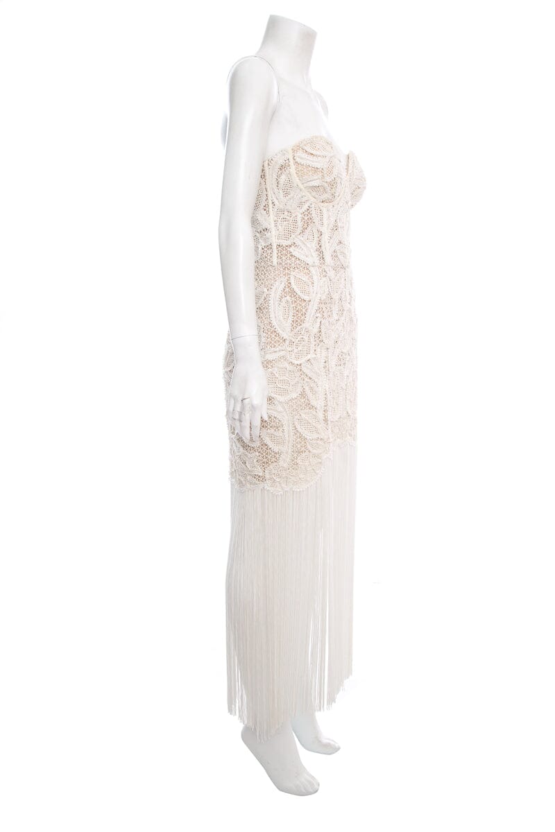 Oscar de la Renta White Lace Strapless Fringe Detail Dress SZ 6
