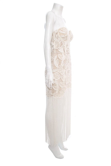 Oscar de la Renta White Lace Strapless Fringe Detail Dress SZ 6