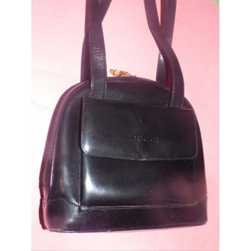 Gucci Bamboo Diana Top Handle Bag Dual Zip Two Strap Rounded Black Patent Leather Satchel