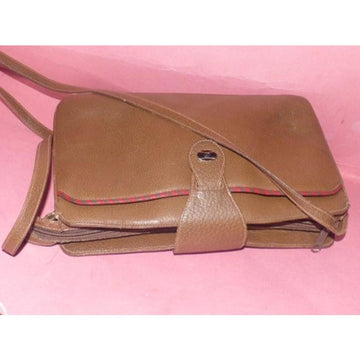 Gucci W Red Green Striped Coated Canvas Accents Brown Leather Cross Body Bag