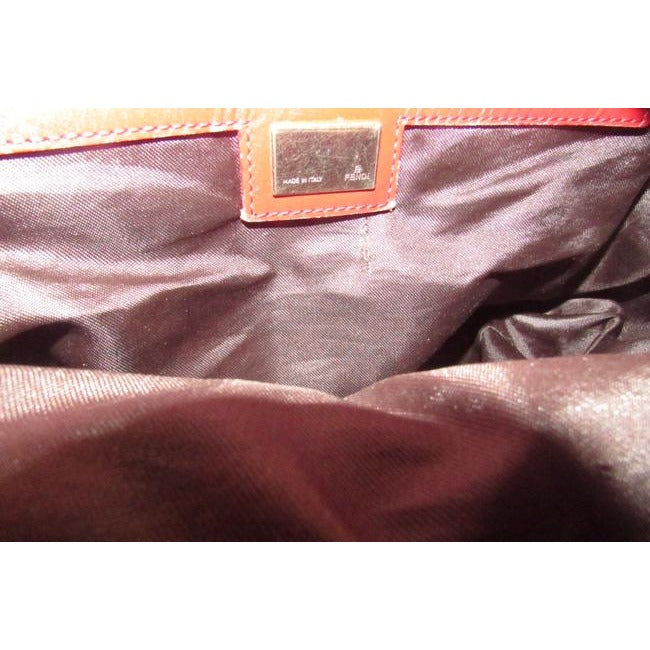 Fendi Chef Shoulder Purse Brown Zucchino Or Small F Logo Print On Tan Canvas And Red Leather Hobo Ba