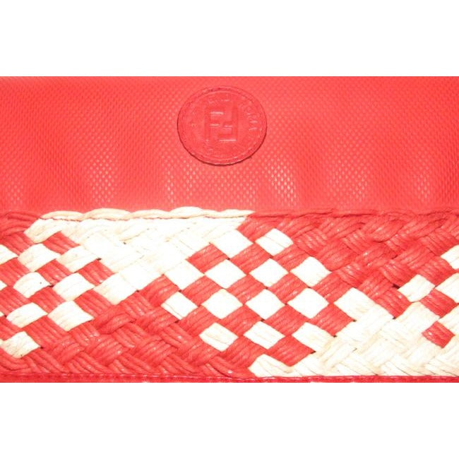Fendi Sas Envelope Or Shoulder Purse Tomato Red Saffiano Leather And Woven Red And Ivory Jute Cross
