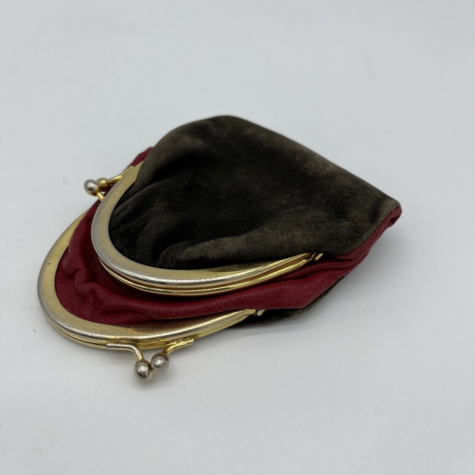 Vintage double sided, red leather & brown suede kiss close change purse