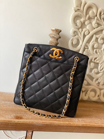 CHLVintage Black Large Quilted Caviar Tote Bag For Womtlm 28cm/11in