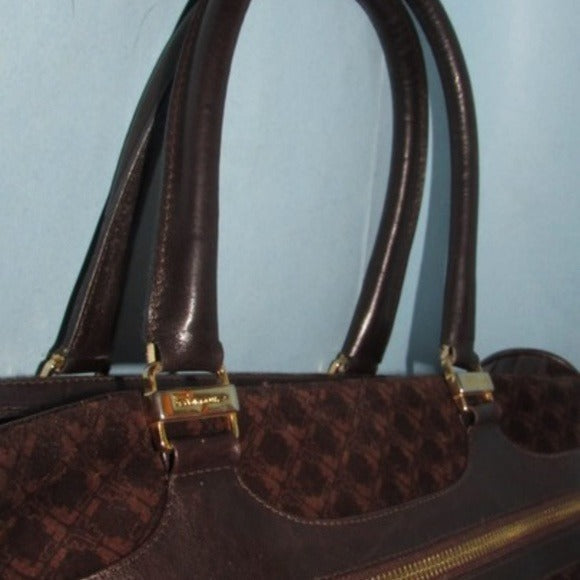 Vintage Ferragamo Rich Brown Logo Print Suede Satchel