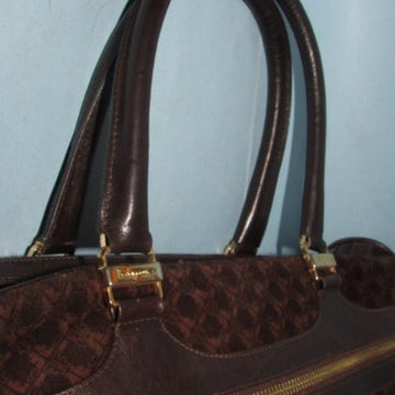 Vintage Ferragamo Rich Brown Logo Print Suede Satchel