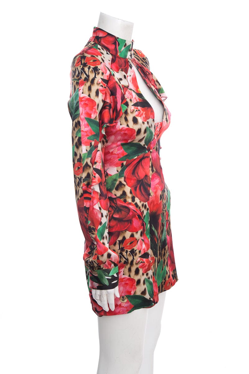 Philipp Plein Red and Green Cheetah and Rose Print Dress SZ S