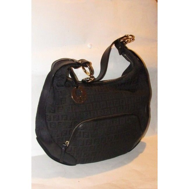 Fendi Chef Shoulder Purse Black Zucchino Or Small F Logo Print Canvas And Black Leather Hobo Bag