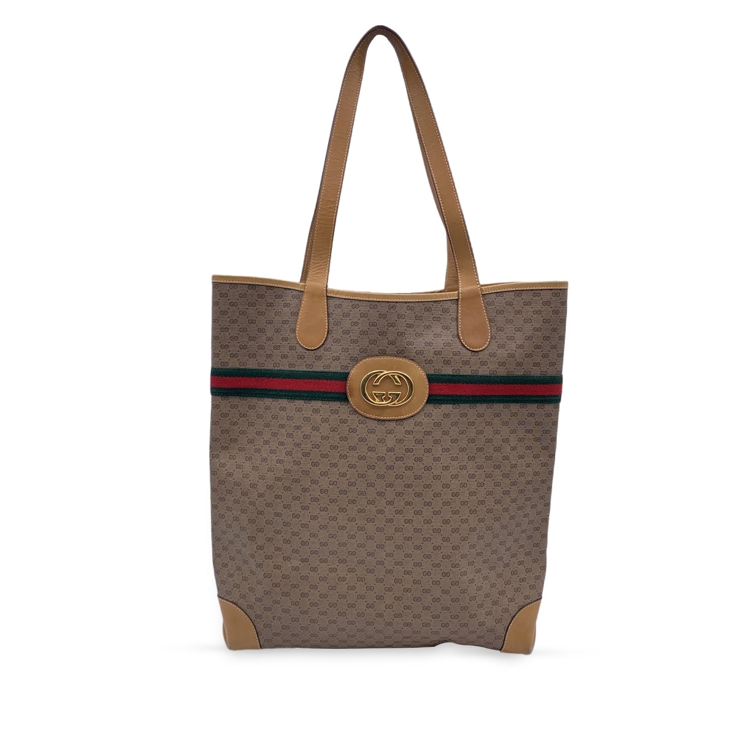 GUCCI Vintage Beige Gg Monogram Canvas Tote Shopping Bag Stripes