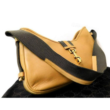 Vintage, Tom Ford era, Gucci Jackie orange-ish camel colored leather & brown canvas shoulder bag w stripe