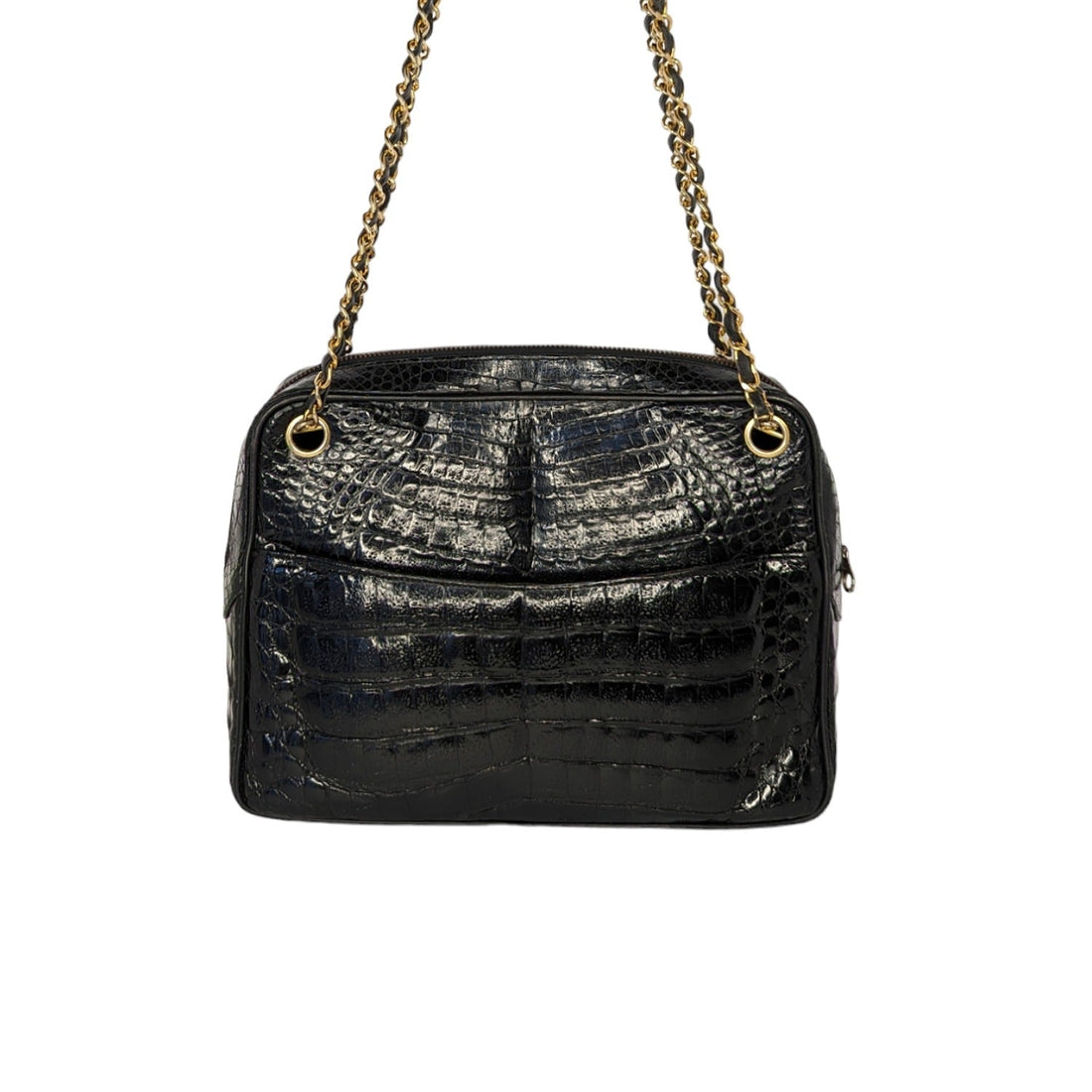 Chanel 80s Black Shiny Alligator Camera Shoulder Bag