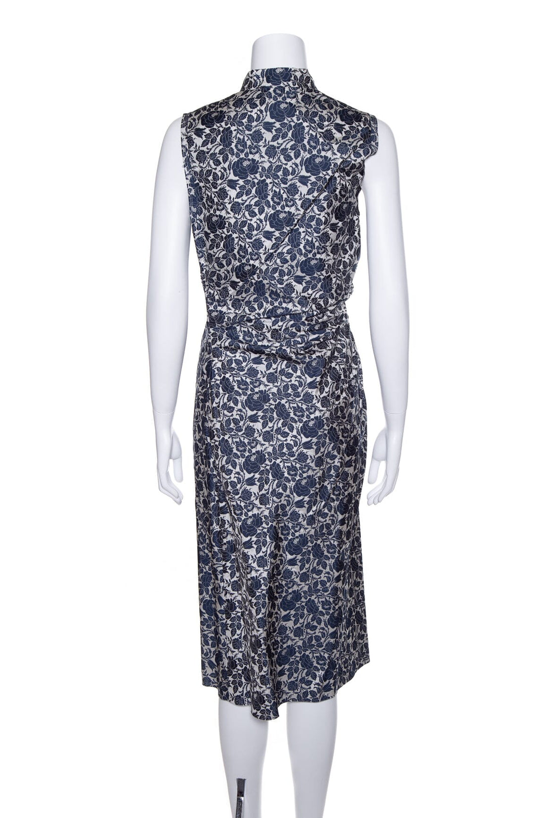 Prada Blue and White Floral Ruched Knee Length Dress SZ 44