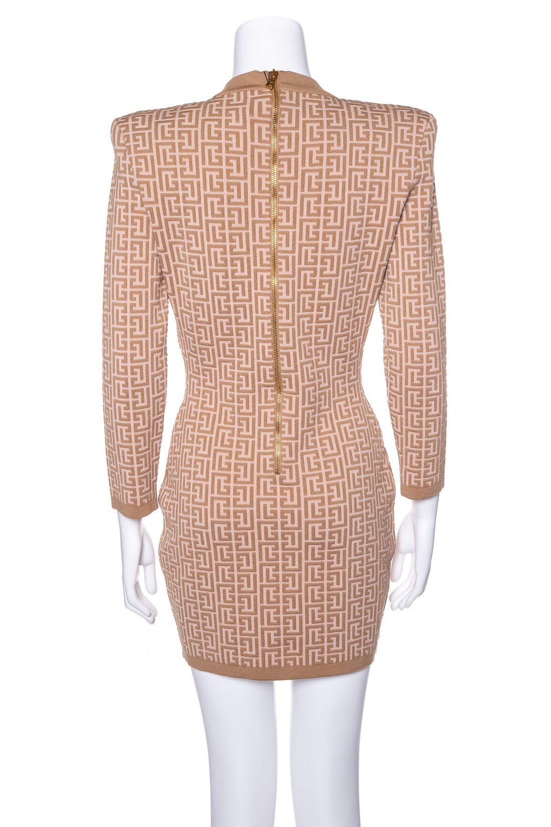 Balmain Beige and Camel Printed Knit Long Sleeve Fitted Dress SZ 40