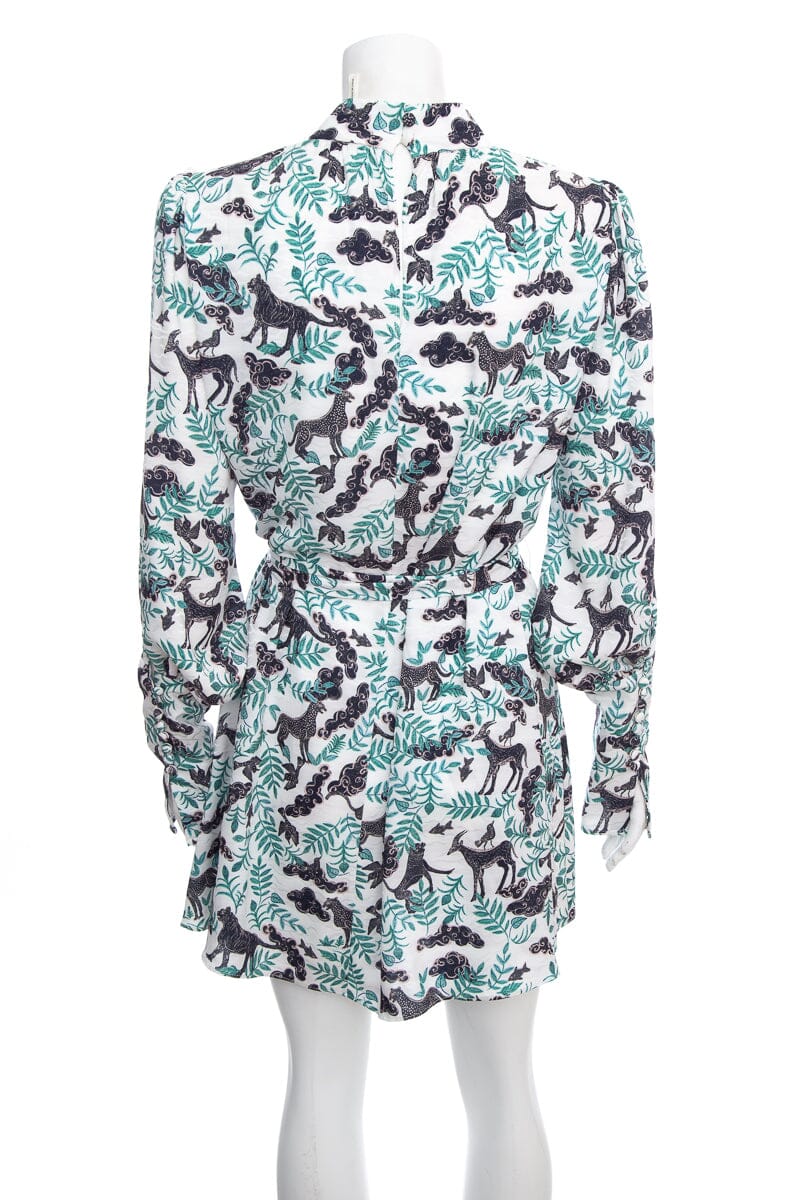 Saloni Green and White Leaf and Animal Printed Long Sleeve Belt Detail Dress SZ 4