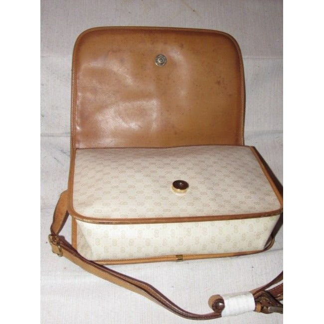 Gucci Vintage Beige With Camel Small G Logo And Red Green Stripe Leather Coated Canvas