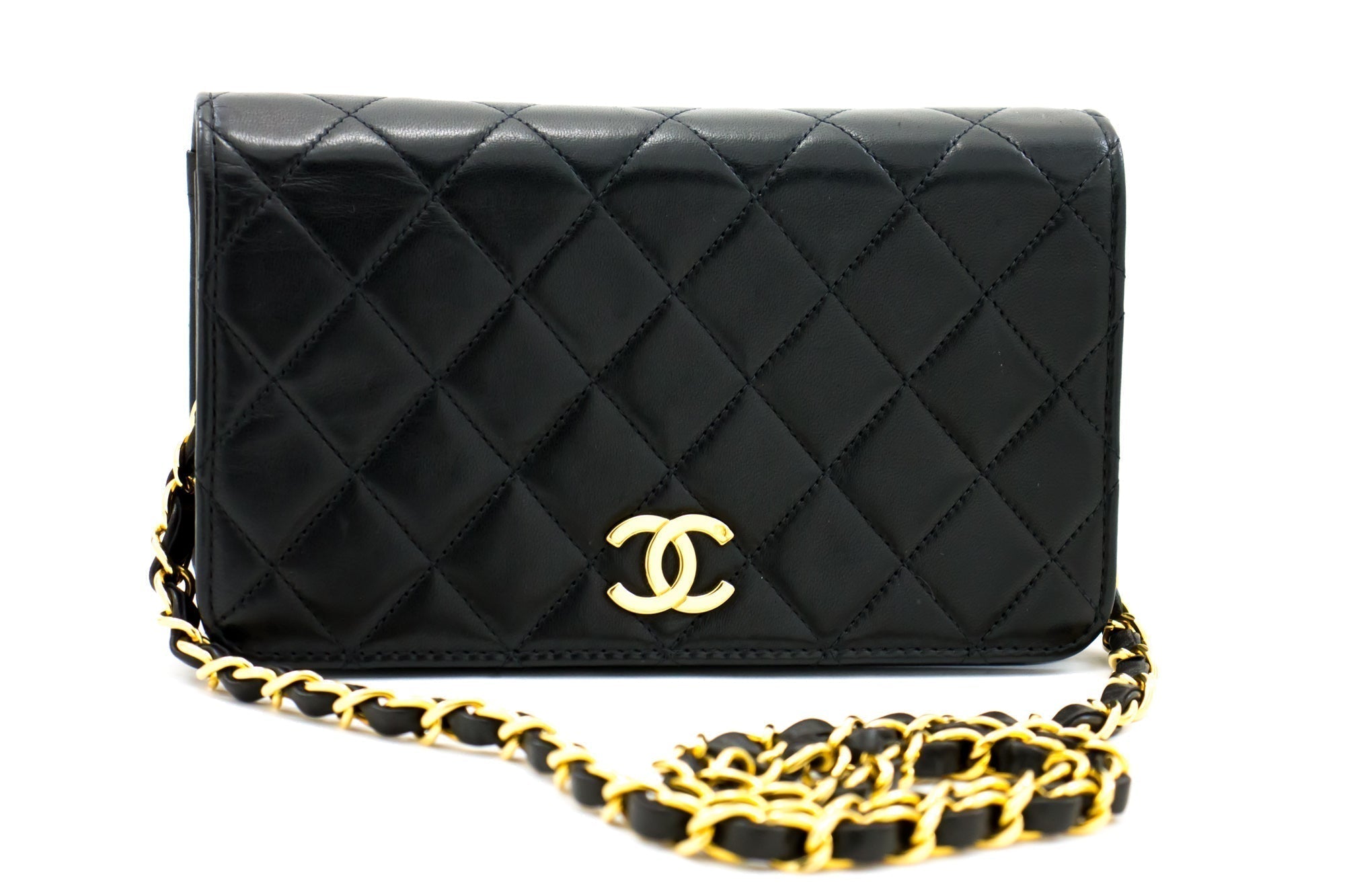 Chanel Full Flap Chain Shoulder Bag Clutch Black Quilted Lambskin h09