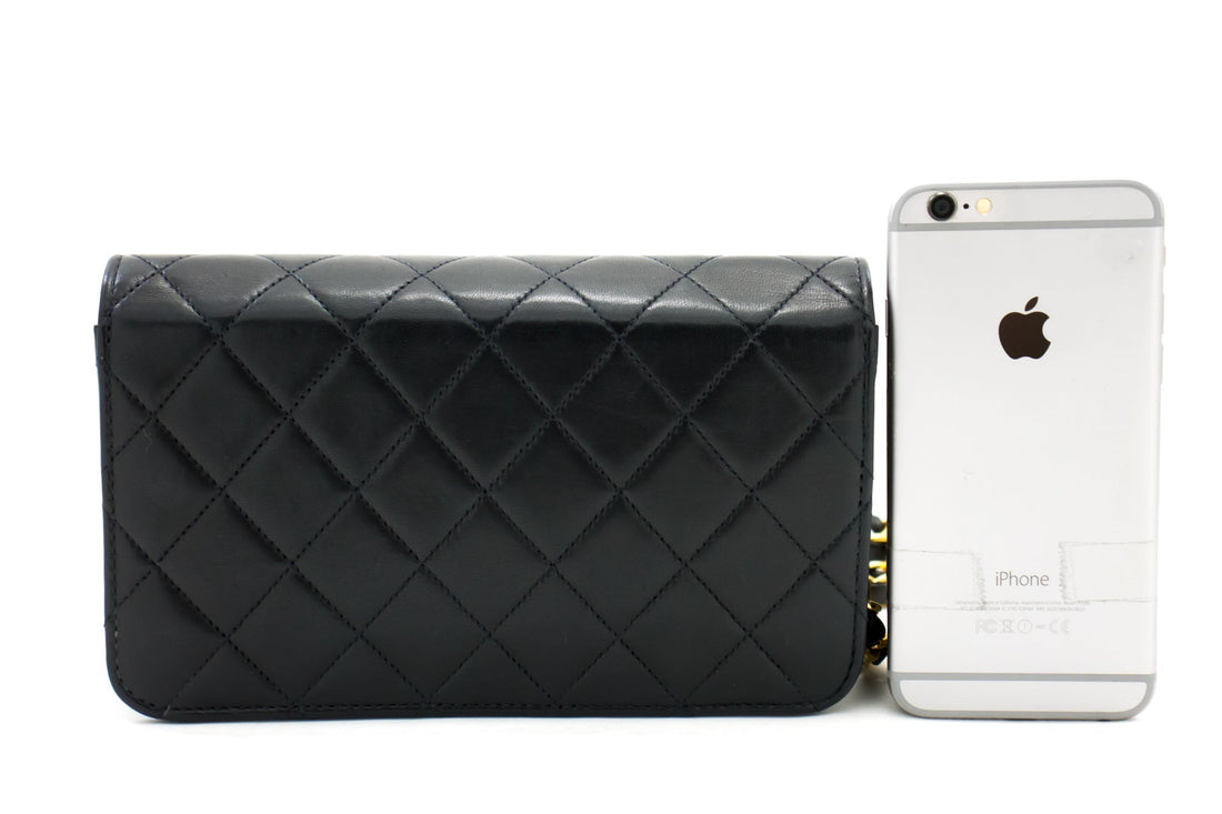 Chanel Full Flap Chain Shoulder Bag Clutch Black Quilted Lambskin h09