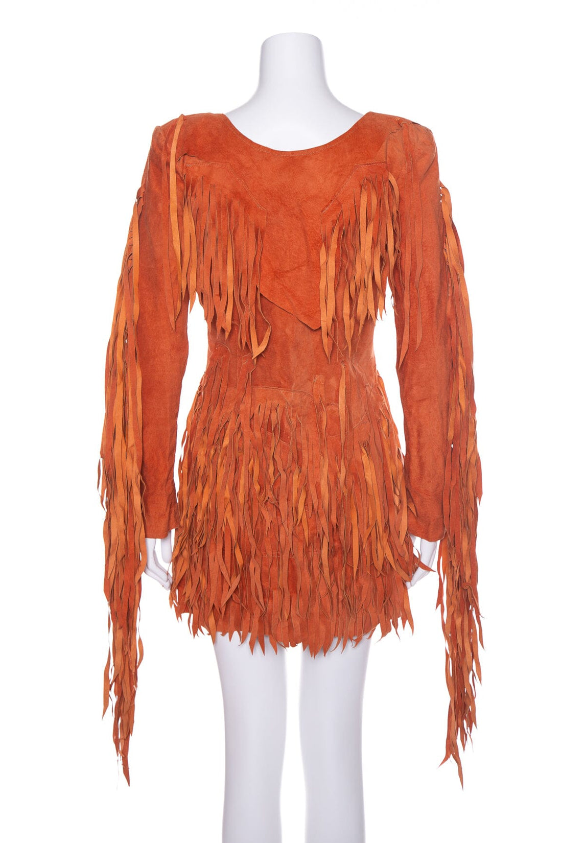 Julie Ewing Orange Raw Suede Custom Feather and Fringe Dress SZ S