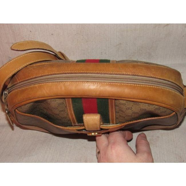 Gucci Gucci, unique, RARE, camel leather & brown small G logo, coated canvas, top zip, camera bag/bowler style, cross body