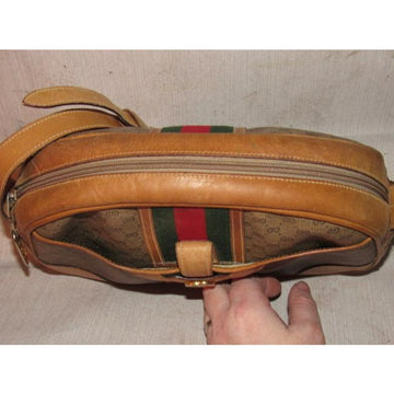 Gucci Gucci, unique, RARE, camel leather & brown small G logo, coated canvas, top zip, camera bag/bowler style, cross body
