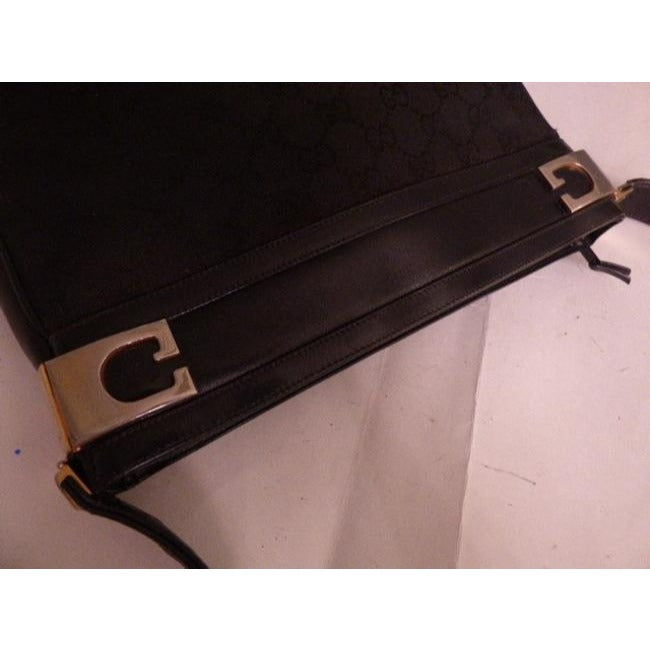 Gucci Vintage Black Leather And Large G Logo Print Canvas Suede Hobo Bag