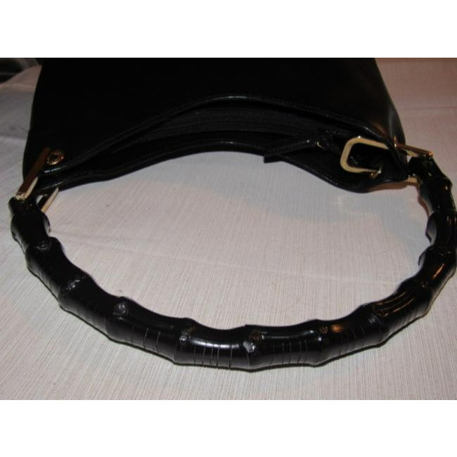 Gucci Shopper Tote With V Shaped Top Bamboo Handle Black Leather Hobo Bag