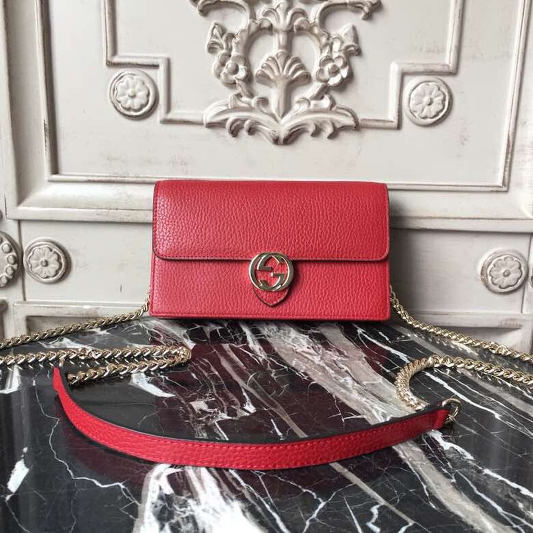 gg Interlocking gg Crossbody Handbag Grained Calfskin Spring/Summer Collection Red For Womtlm 7.5in/19cm gg 510304