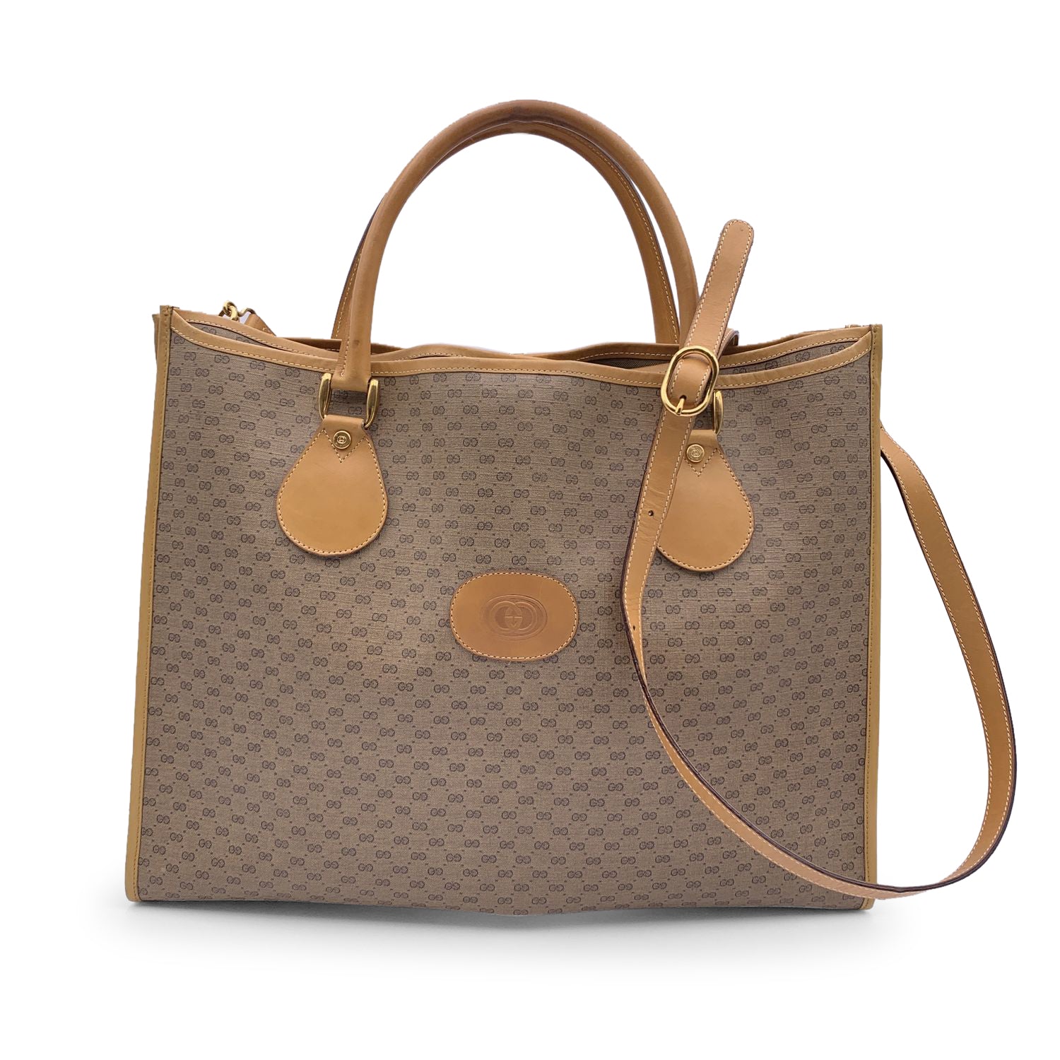 GUCCI Vintage Beige Monogram Canvas Large Tote Bag With Strap