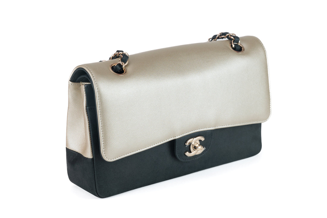Chanel Black and Gold Bi Color Caviar Medium Classic with Gold Hardware