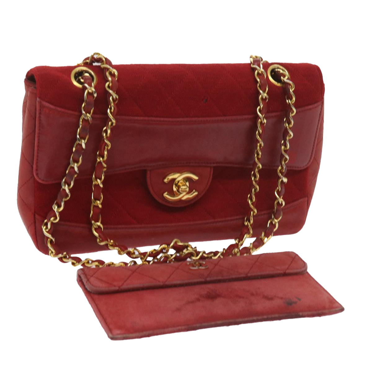 CHANEL Matelasse Chain Shoulder Bag Canvas Red CC Auth 59869A