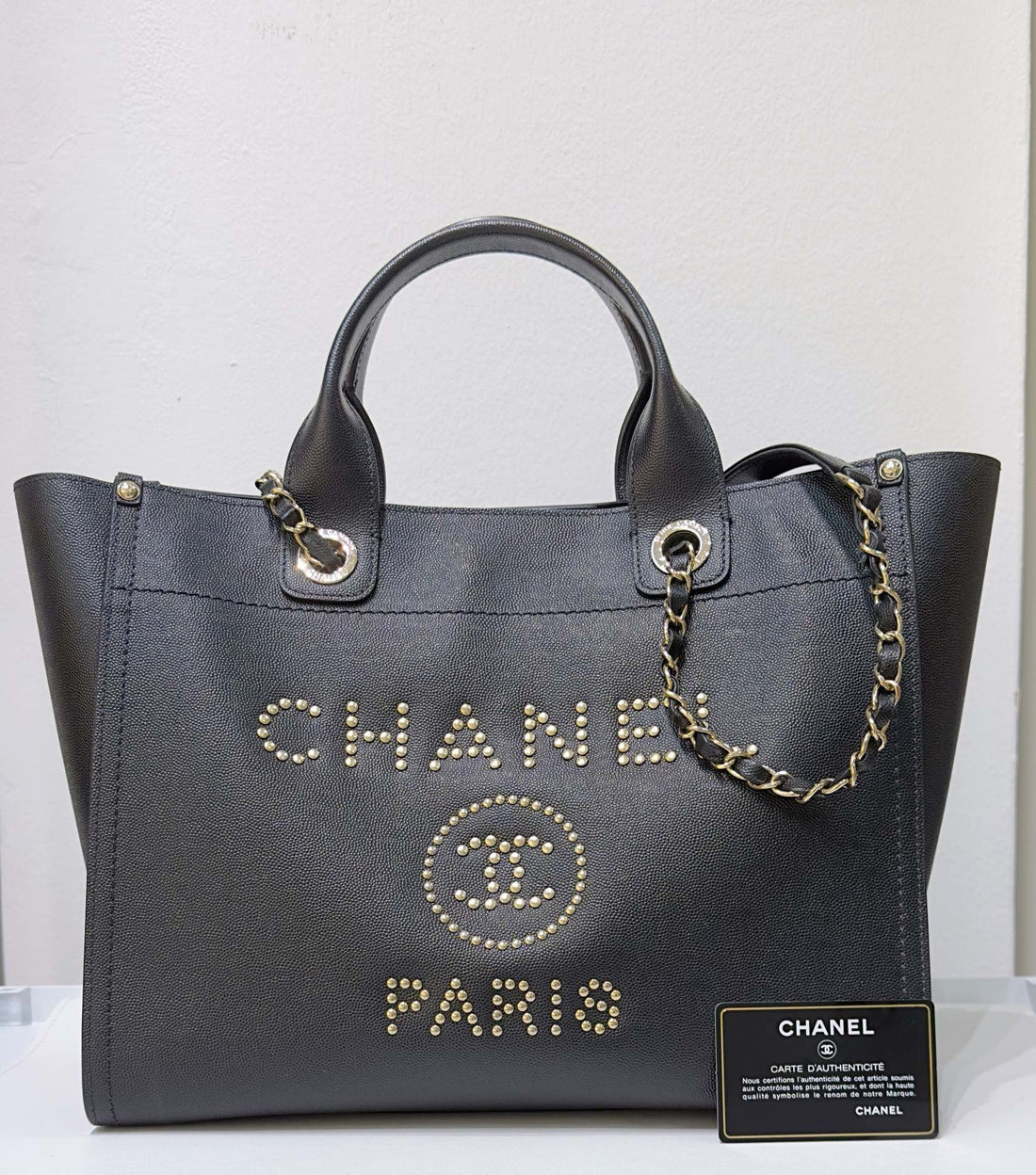 Chanel Small Deauville Caviar Tote Studded Black