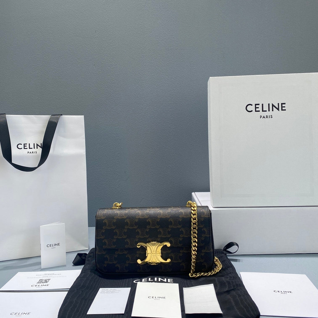 CE Chain Shoulder Bag Triomphe In Triomphe Canvas Brown For Womtlm 8in/20.5cm 197992DQW.04LU