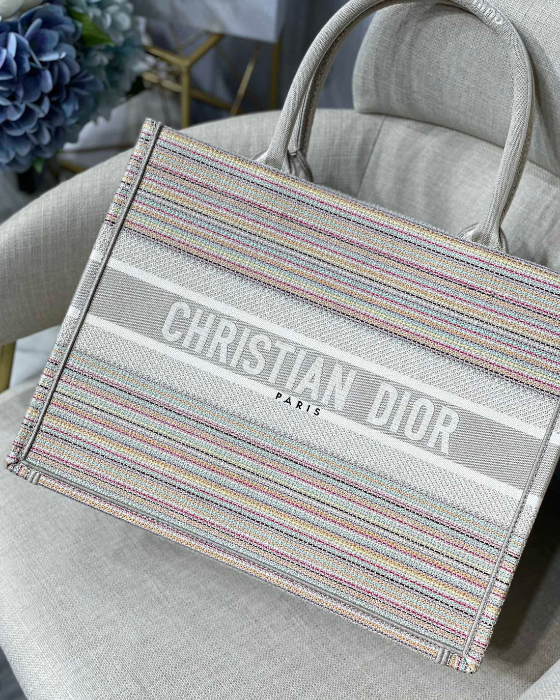 DI Large Book Tote Bag Canvas Stripes Embroidery For Womtlm 42cm/16.5in CD