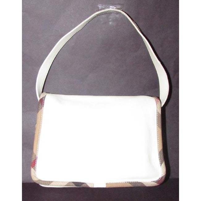 Burberry Purses White Leather With Nova Check Plaid Canvas Trim And Coated Shoulder Bag