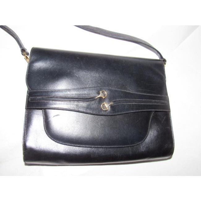 Gucci Two Way Glossy Blackhorsebit Accents Leather Shoulder Bag