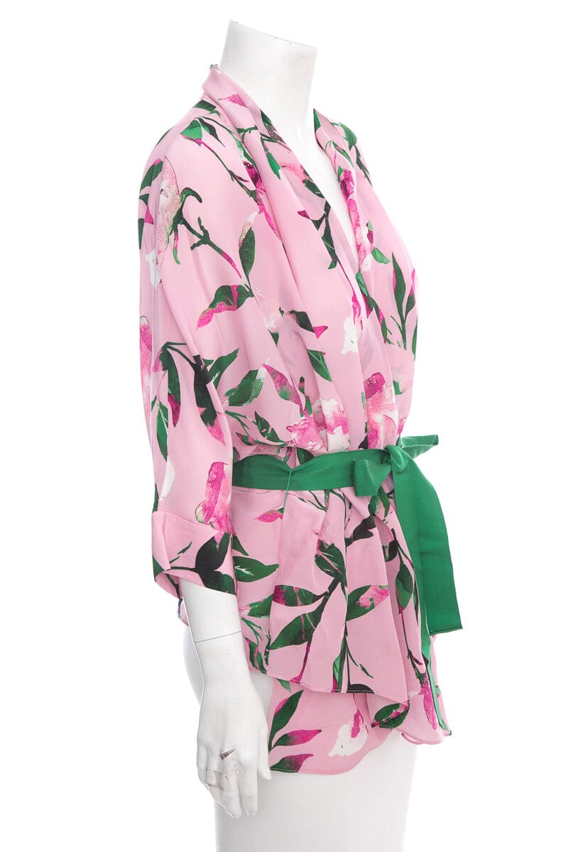 Carolina Herrera Pink and Green Leaf Print Wrap Blouse SZ S